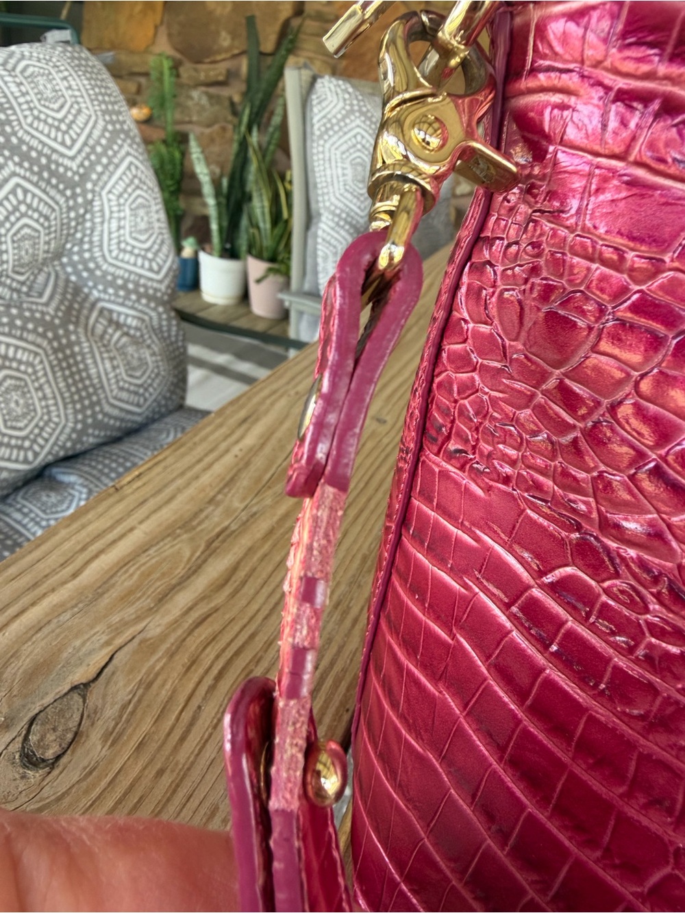 Brahmin Metallic Pink Croc-Embossed Satchel Bag - Picture 5 of 15